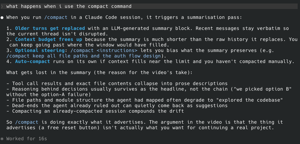 Claude Code explaining what the /compact command does