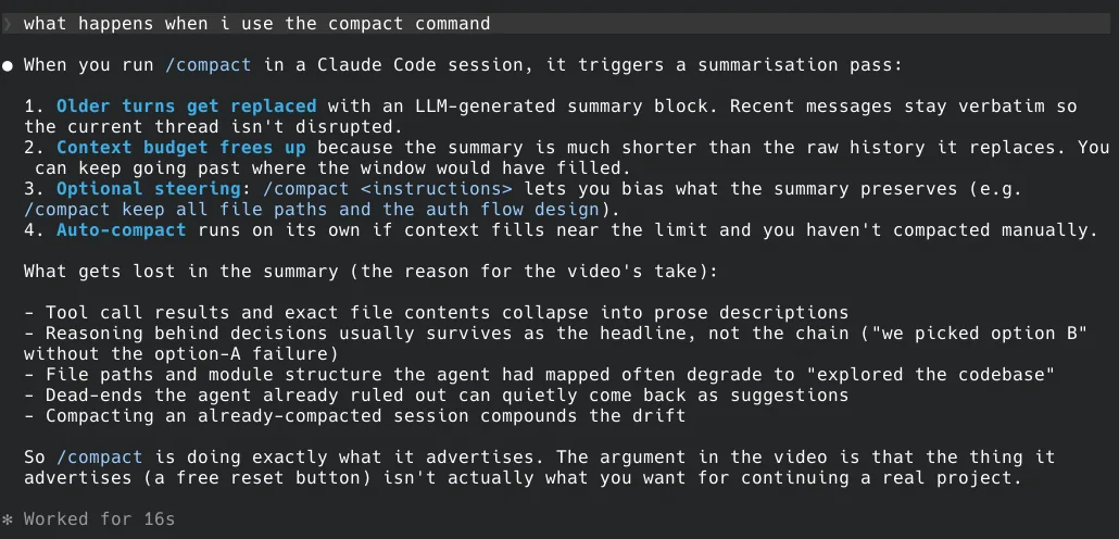 Claude Code explaining what the /compact command does