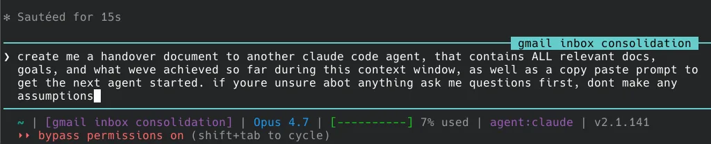 The handover prompt pasted into a Claude Code session