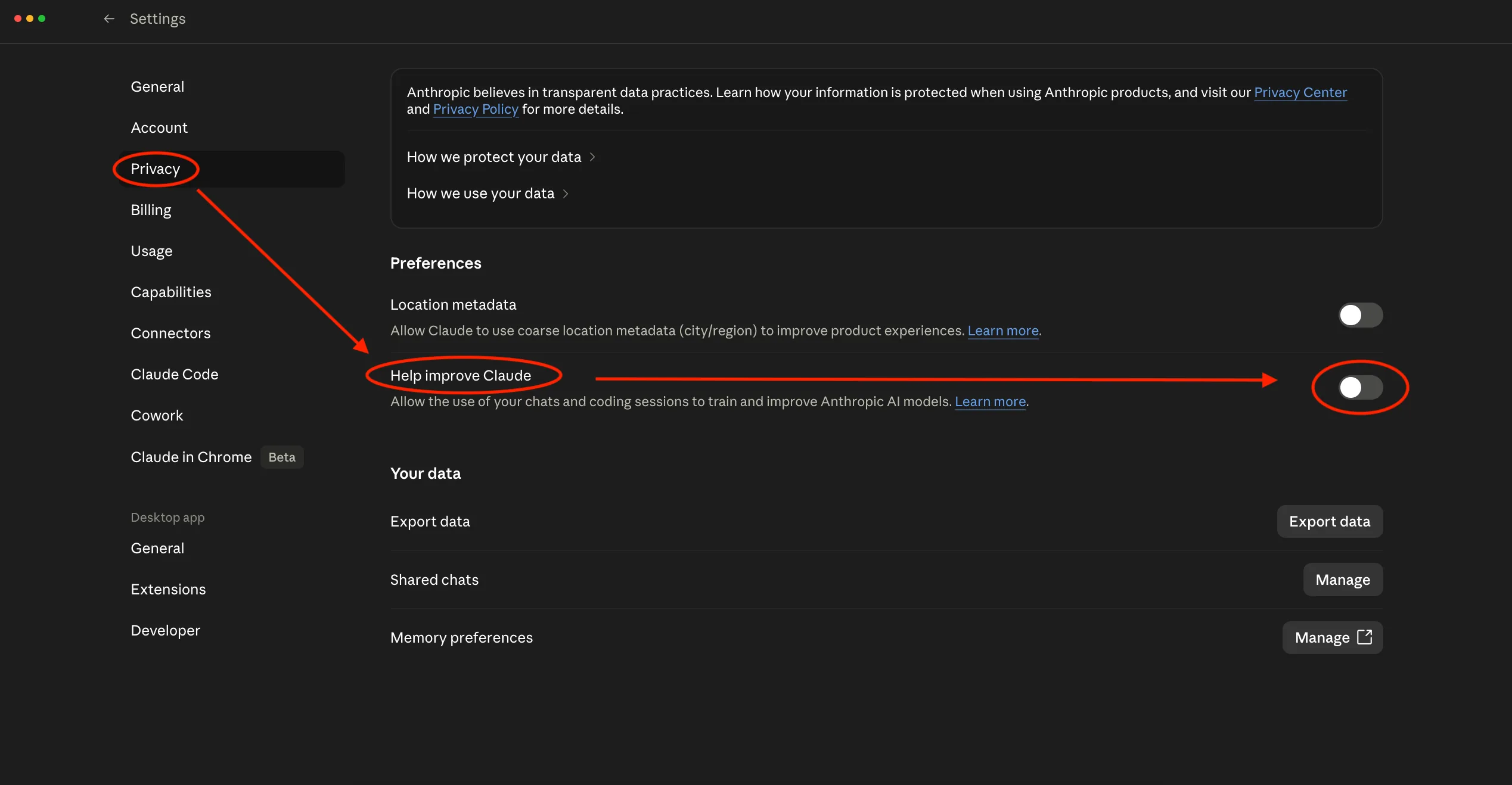 Claude Privacy settings page showing the Help improve Claude toggle in the OFF position, with Privacy highlighted in the sidebar