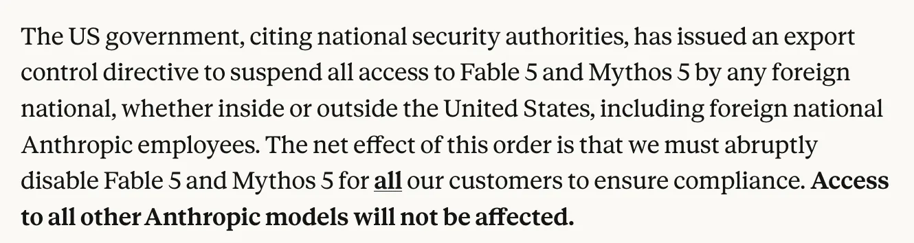 Anthropic statement explaining the export control directive suspends access for any foreign national and forces both models offline for all customers