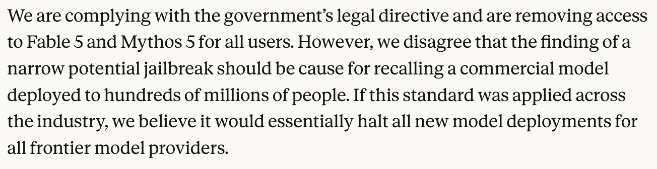 Anthropic statement: complying with the directive but disagreeing that a narrow jailbreak should recall a model used by hundreds of millions