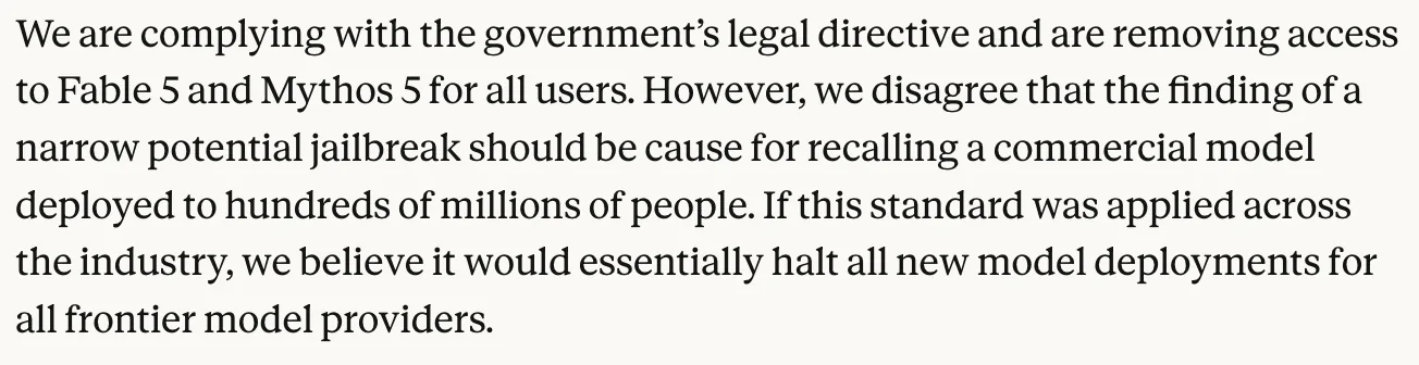 Anthropic statement: complying with the directive but disagreeing that a narrow jailbreak should recall a model used by hundreds of millions