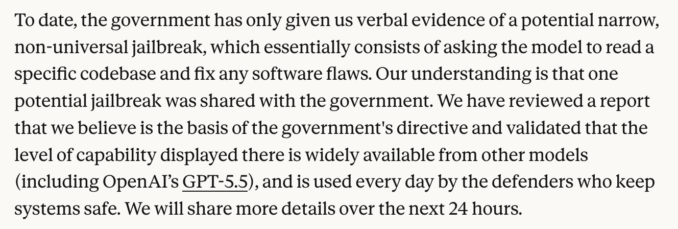 Anthropic statement noting the only evidence is verbal, the exploit is reading a codebase to fix flaws, and the same capability exists in GPT-5.5