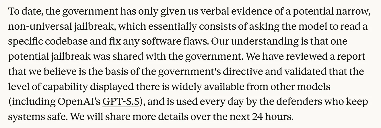 Anthropic statement noting the only evidence is verbal, the exploit is reading a codebase to fix flaws, and the same capability exists in GPT-5.5