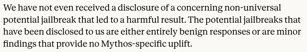 Anthropic statement: no disclosure of a harmful jailbreak, only benign or minor findings with no Mythos-specific uplift