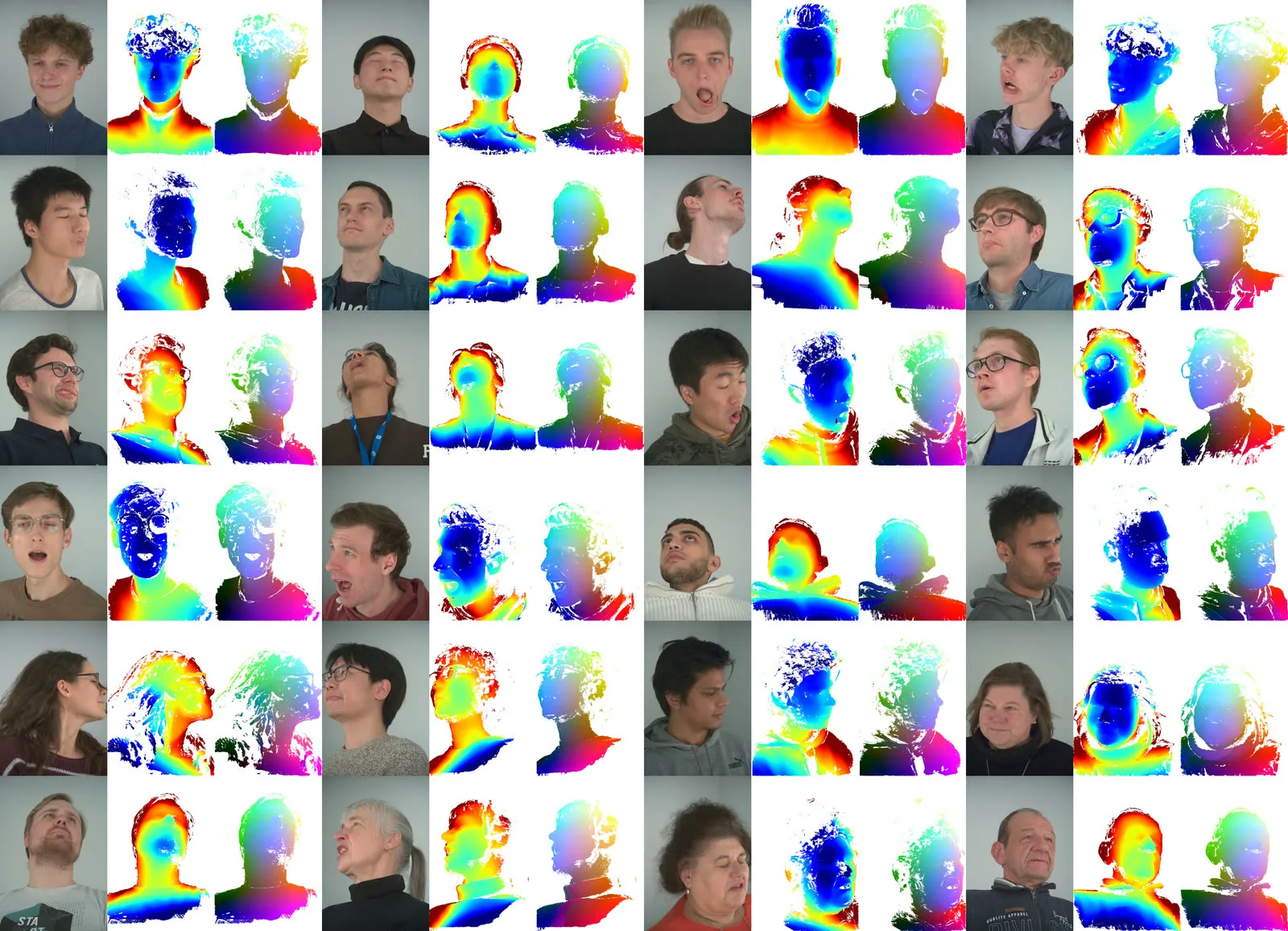 Grid of training data samples across many subjects and head poses. From left to right in each triplet: RGB input photo, JET-colormap depth map, and rainbow canonical coordinate map
