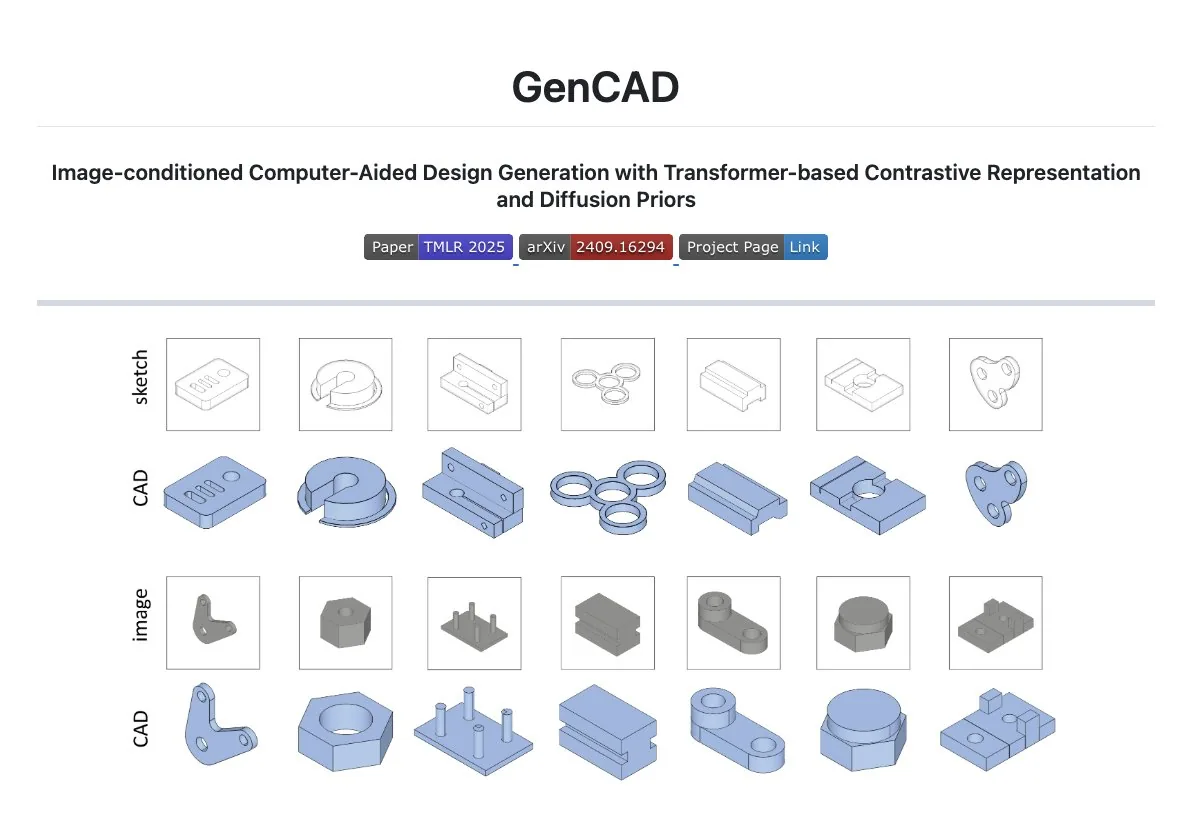 GenCAD sketch and image inputs converted to 3D CAD parts