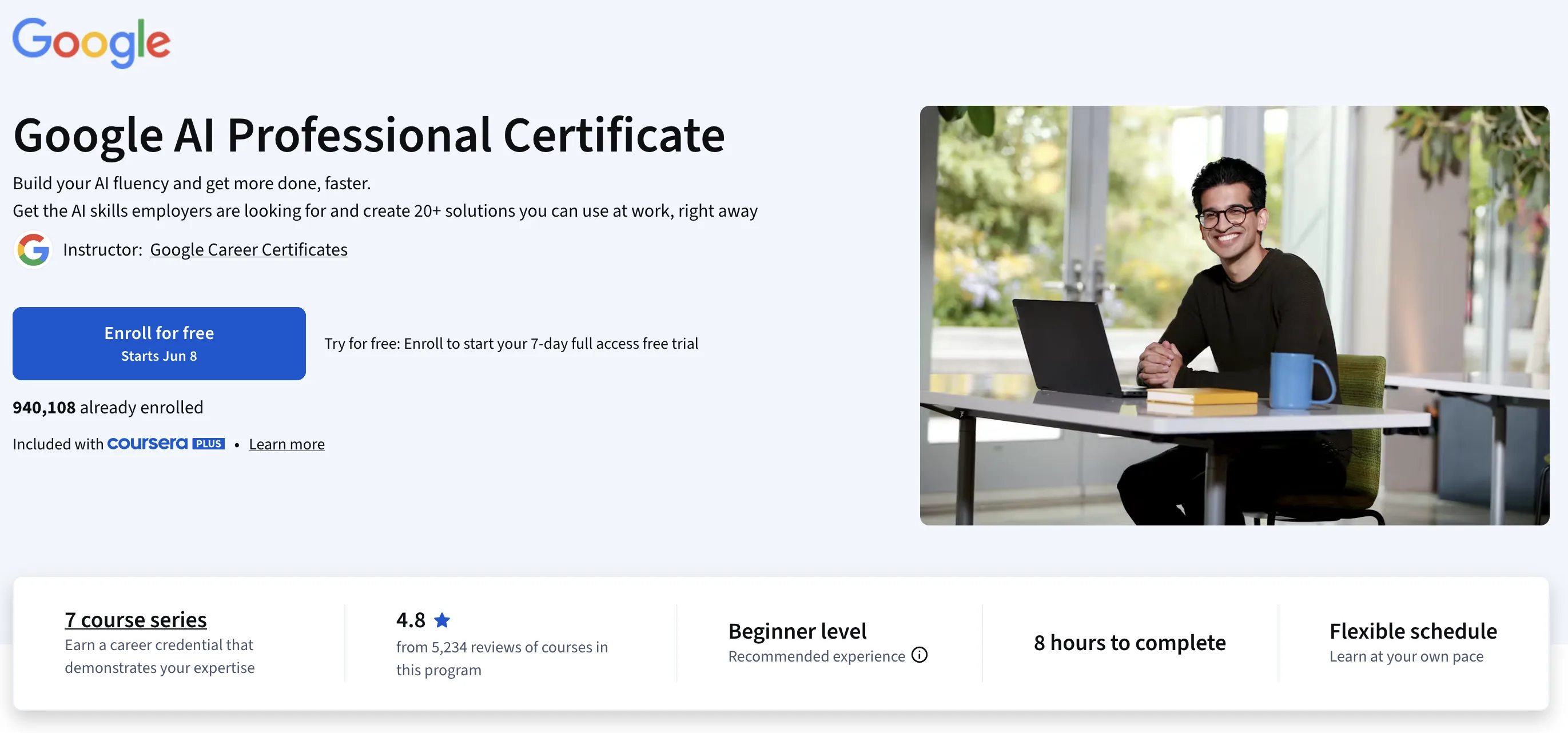 Google AI Professional Certificate landing page on Coursera