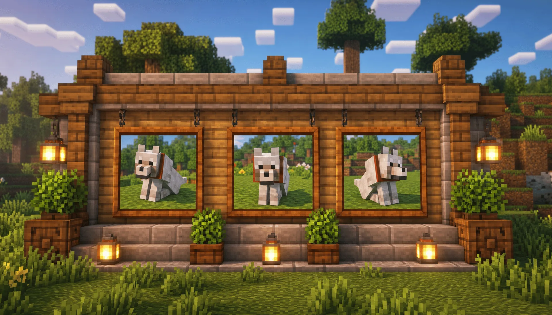 Three framed Photo Slides showing dog paintings hanging in a Minecraft gallery