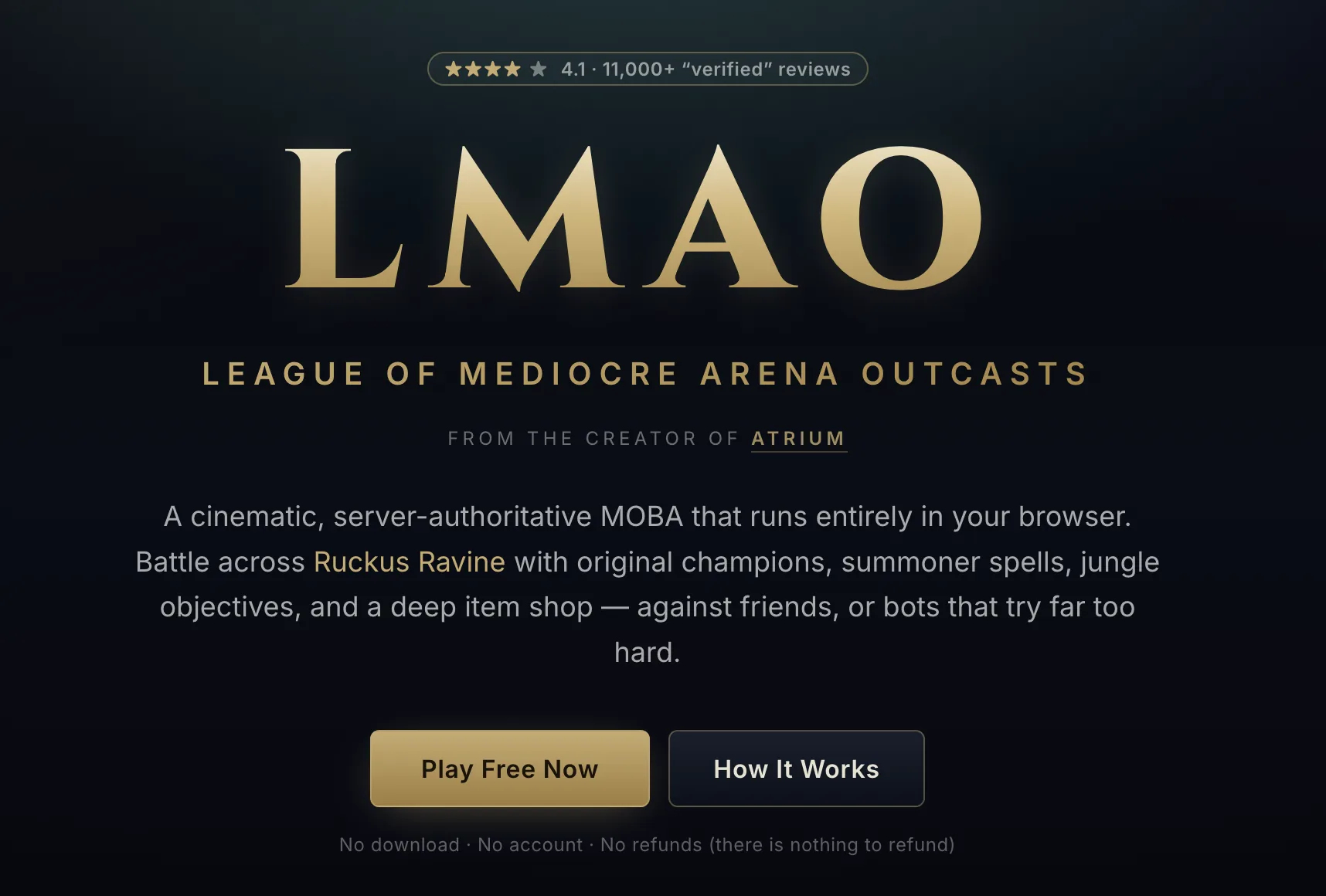 LMAO, League of Mediocre Arena Outcasts, landing page