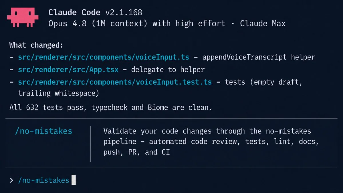 no-mistakes running its AI validation pipeline against a branch before it reaches the remote