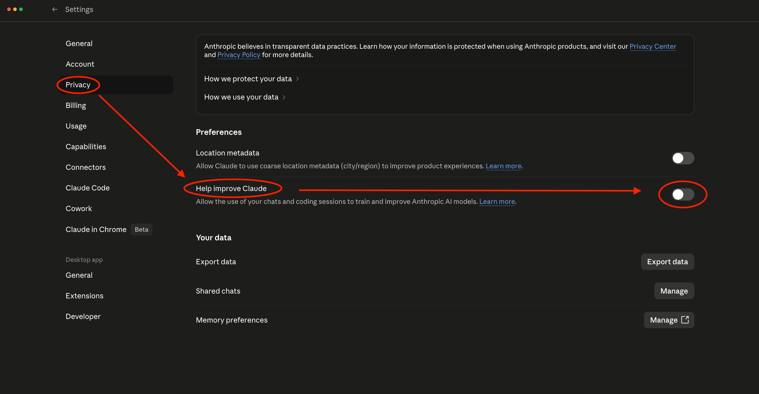 Claude Privacy settings page showing the Help improve Claude toggle in the OFF position, with Privacy highlighted in the sidebar