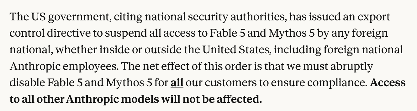 Anthropic statement explaining the export control directive suspends access for any foreign national and forces both models offline for all customers