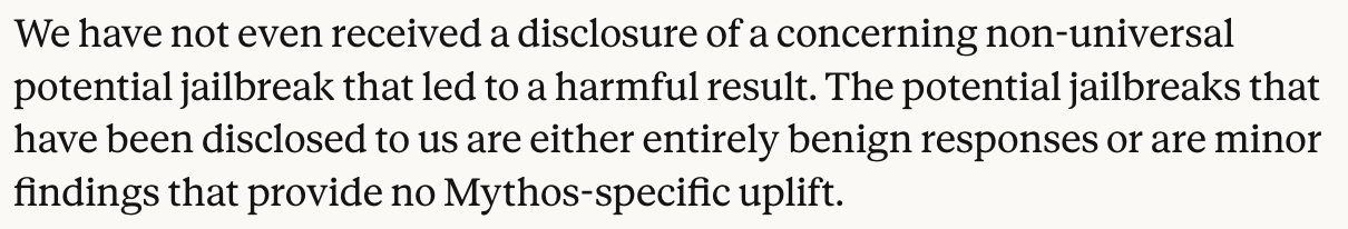 Anthropic statement: no disclosure of a harmful jailbreak, only benign or minor findings with no Mythos-specific uplift
